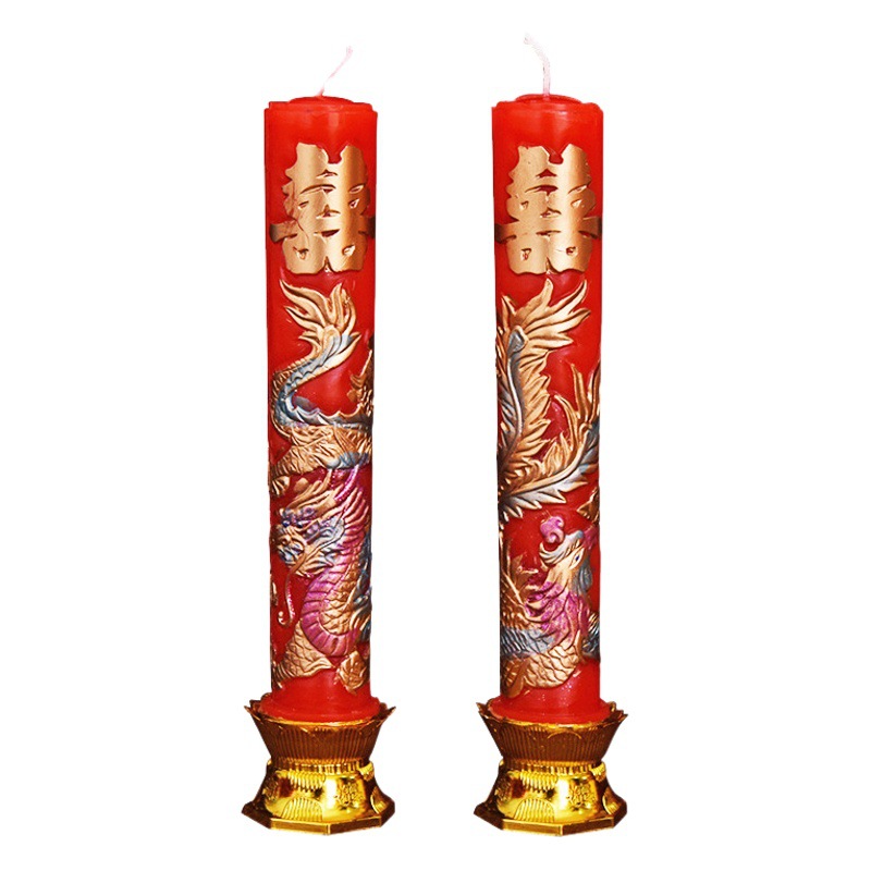 Wedding Red Candle Wedding Room Arrangement Dragon and Phoenix Happy Character Red Candle Pair of Boxed Chinese Wedding Props Smokeless Candle