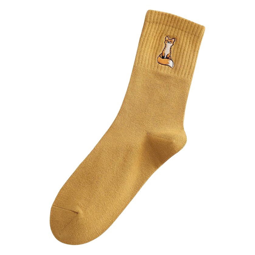 Picture of Good-Looking Socks for Women, Autumn and Winter Mid-Calf Solid Color Cotton Socks with Embroidered Fox, Sweat-Absorbent Women's Long Socks, Zhuji Women's Socks Wholesale