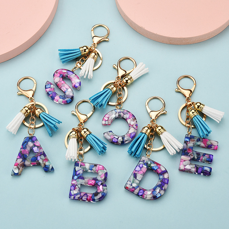 Fashion European and American style 26 English letter keychain transparent acrylic crystal tassel bag ornaments small gift