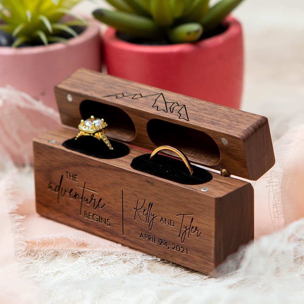 Picture of Black Walnut Ring Ring Box Double Slot Wedding Proposal Ring Box Jewelry Flip Cover Engraving Laser Engraving Pattern