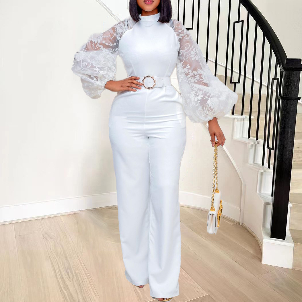 African women's waistband jumpsuit stand collar lantern sleeve jumpsuit wide leg pants