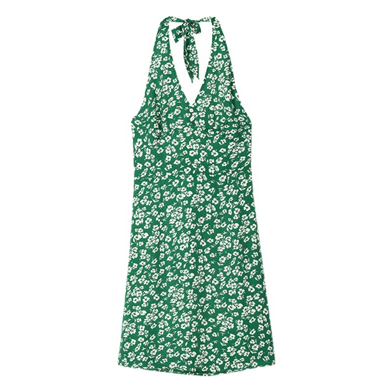 Original size Hong Kong style retro women's summer new V-neck halter floral A- line skirt hip slimming sling dress