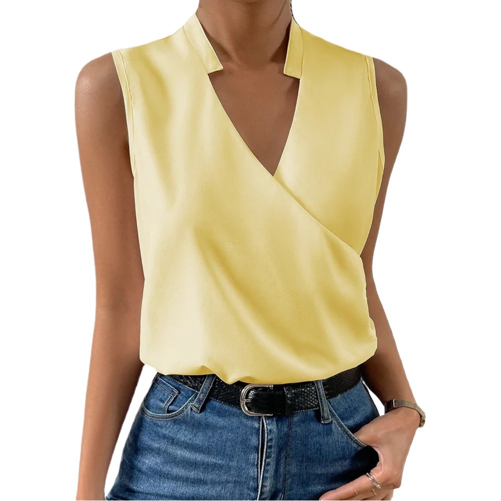 2023 Foreign Trade Cross-border New Women's Casual V-neck regular Pullover Pure Color Multi-color Women's Top T-shirt Vest