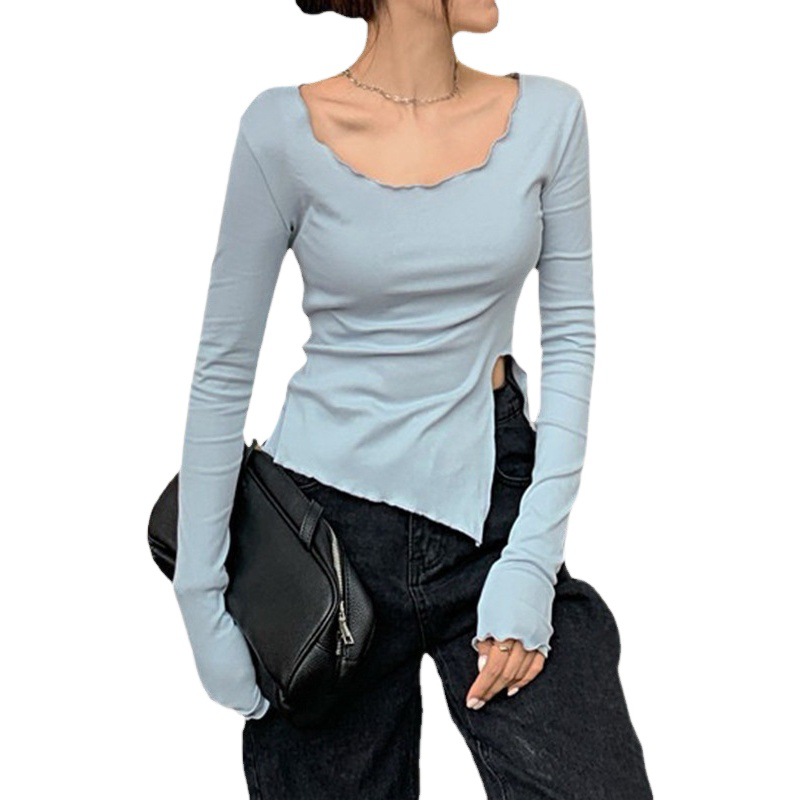 2025 Cross-Border Women's New Low-Neck Asymmetrical Slim Top Slit Long-Sleeved T-Shirt Women's Spring Pg7060