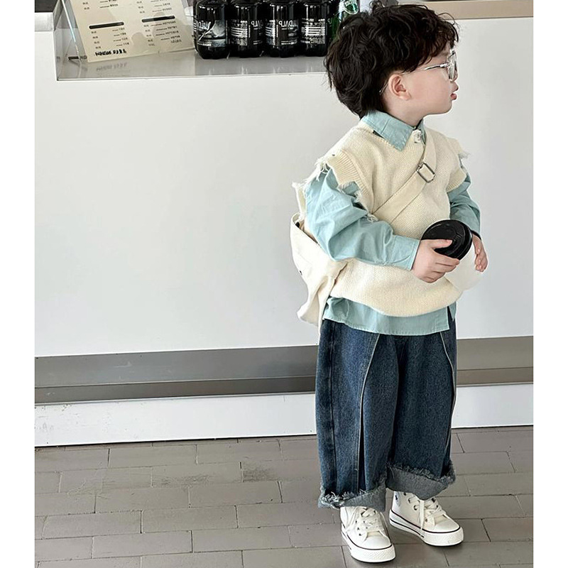 Boys' 2025 Spring and Autumn Suit Raglan Sweater Blue Shirt Jeans Fashionable Easiest for Match Three-Piece Birthday Dress