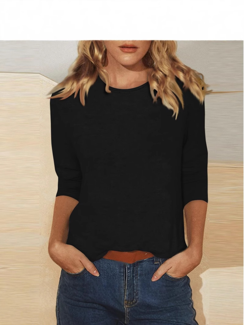 2025 Cross-Border Amazon New Women's Round Neck T-Shirt 7-Quarter Sleeve Solid Color Top