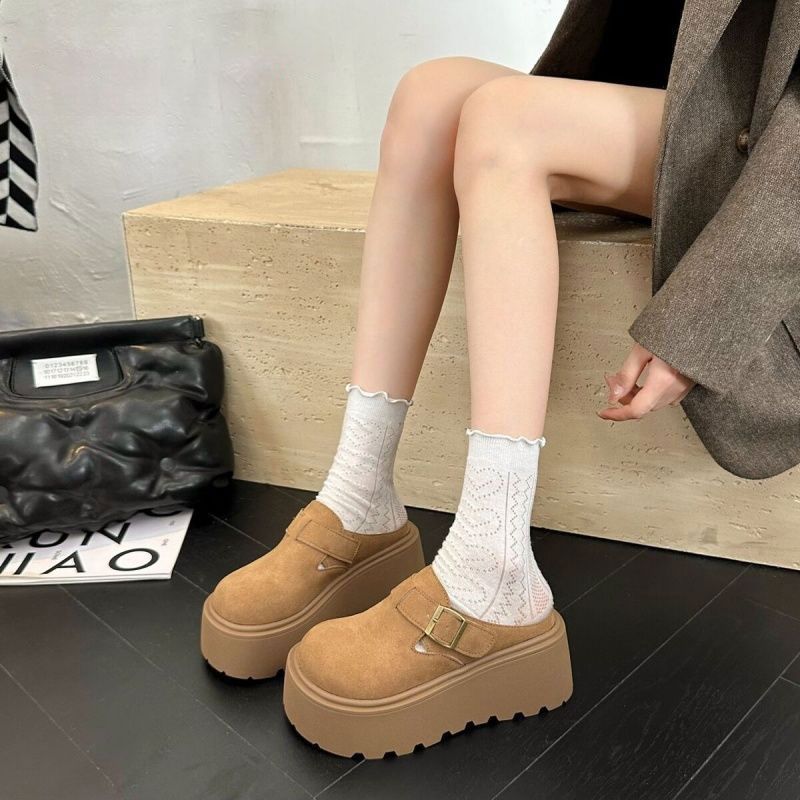 One-foot thick-soled cotton slippers 2024 autumn and winter new half slippers Baotou fleece-lined Bocken shoes for women