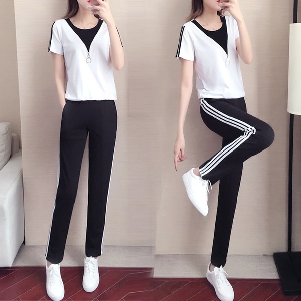 Casual Sports suit Women's Summer 2025 New Korean Style Fashion Zipper Loose Short-sleeved Running Suit Two-piece Fashionable Set