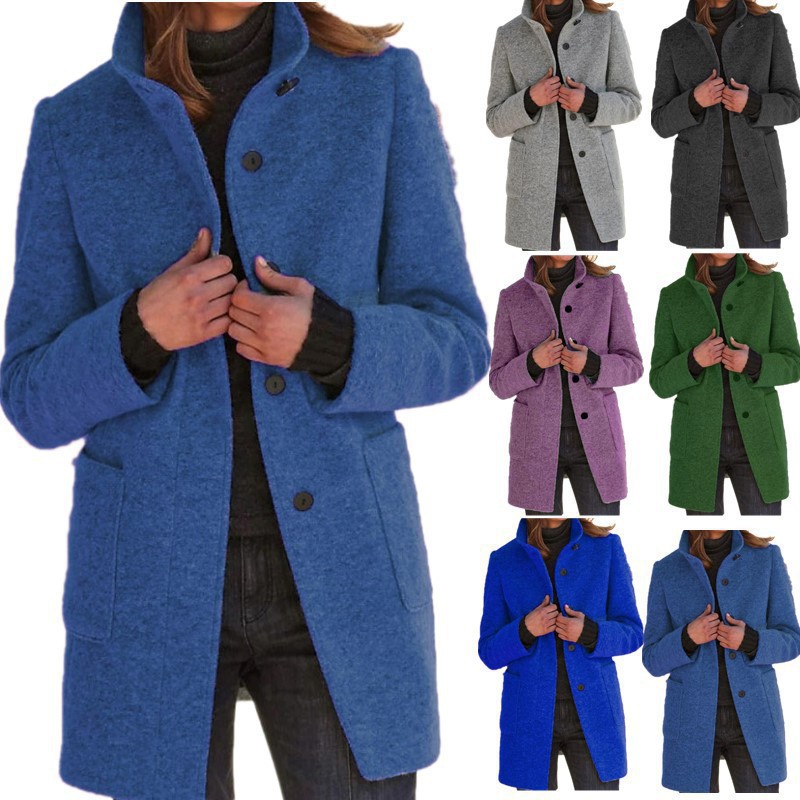 2024 autumn and winter cross-border European and American women's clothing new Amazon eBay retro solid color button stand collar tweed coat