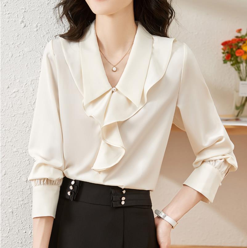 2025 Spring and Autumn New Lotus Leaf Collar Satin Shirt Women's Design Niche French Sweet and Chic Top