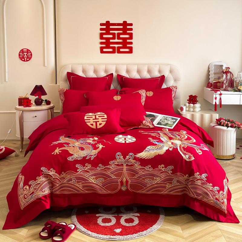 Picture of Y * J Chinese Dragon and Phoenix Embroidery Big Red Wedding Four-Piece Set Wedding Accompanying Cotton Six-Piece Bed Sheet Quilt Cover Bed