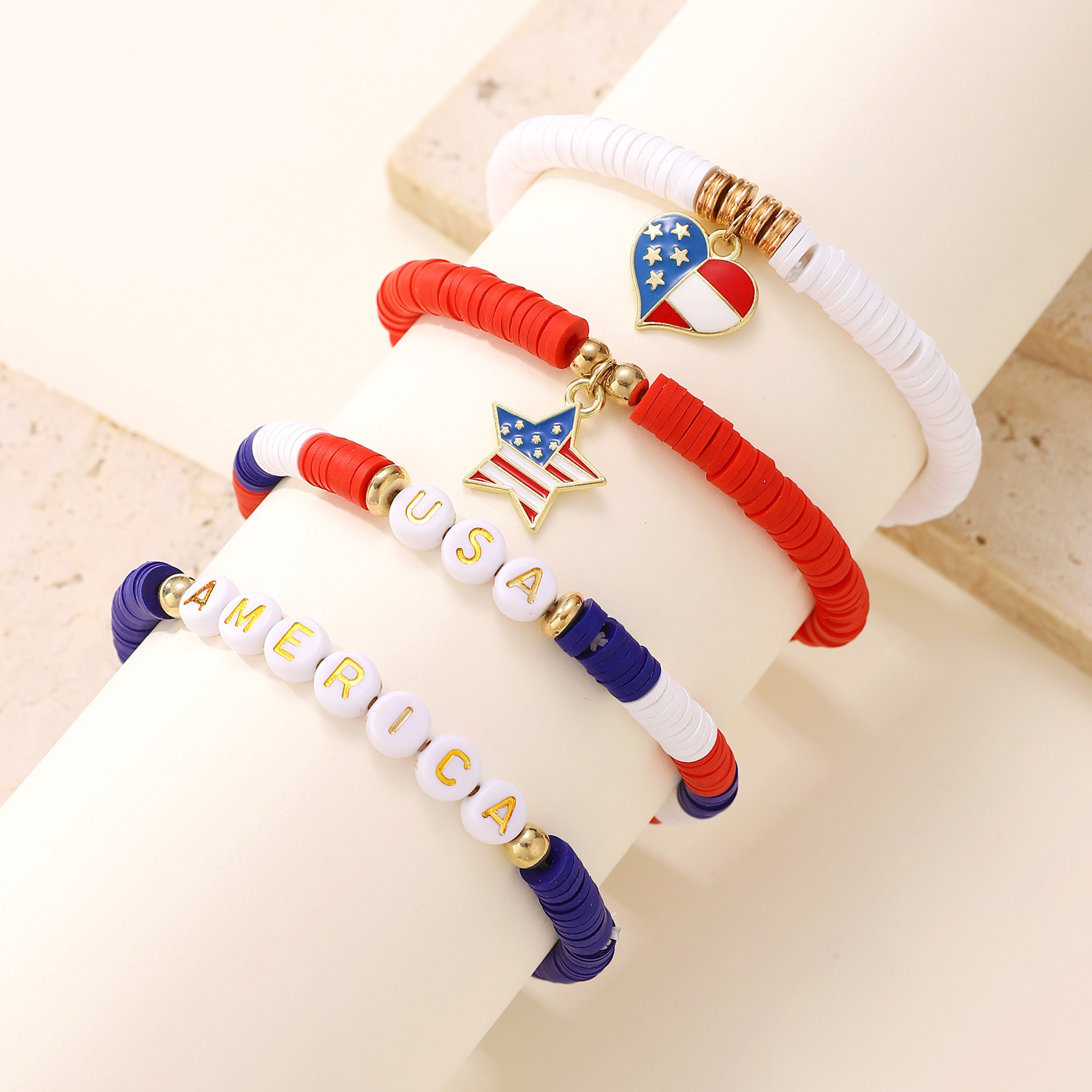Picture of American Independence Day Bracelet suit Soft Pottery Beaded Letter Bow Love Personalized Fashion Multi-layer Bracelet for Women
