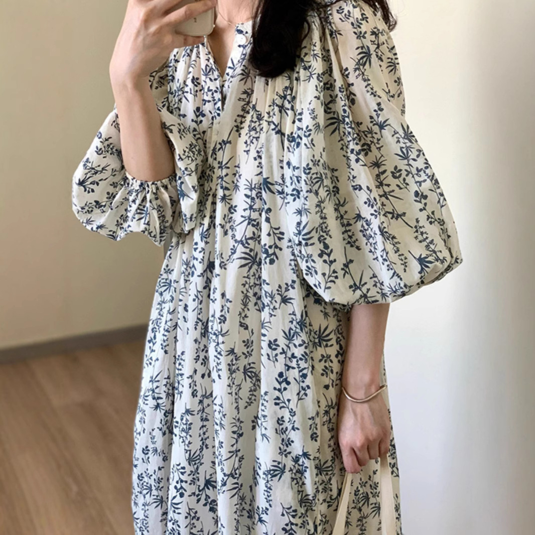 French loose age-reducing dress women's summer western style age-reducing gentle temperament lace-up slim floral dress wholesale