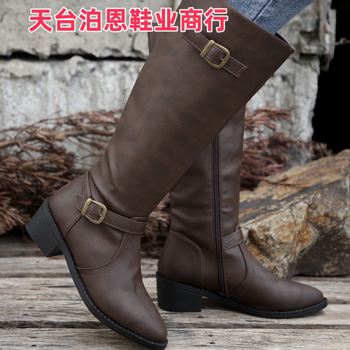 Picture of Foreign Trade Europe & America In-Stock 2025 Cross-border Round Toe Side Zipper Belt Buckle Square Heel Women's Boots Autumn/Winter New Mid-Calf Boots