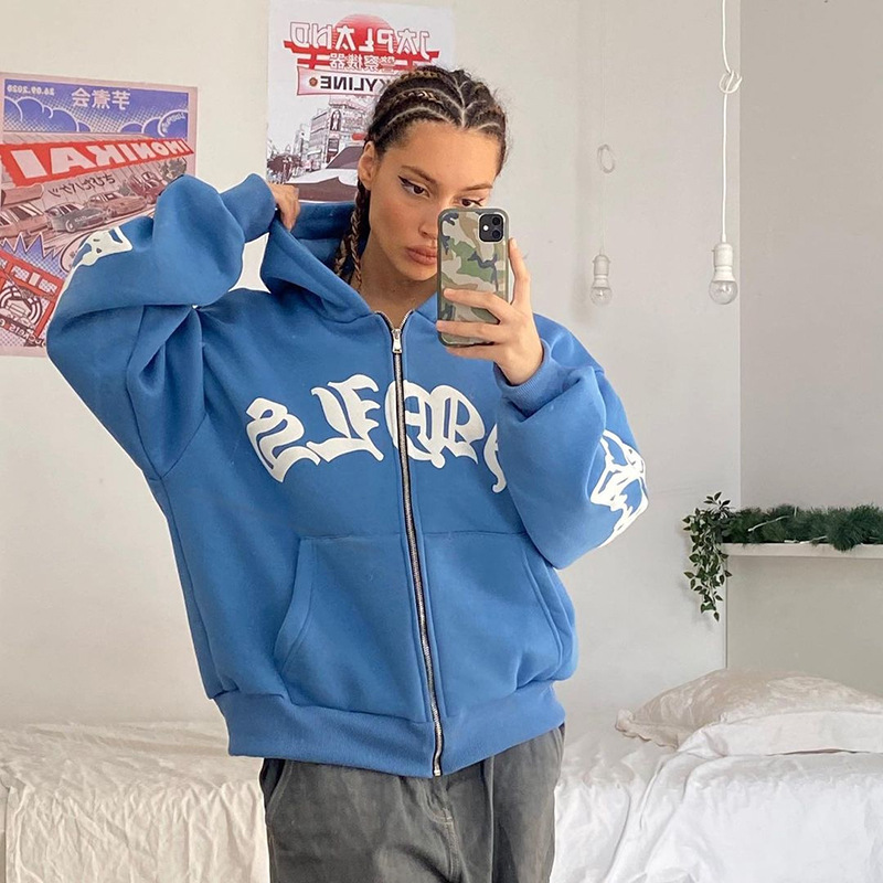 Picture of Spot 2023 Cross-border AliExpress Women's Street Loose Hoodie Foam Printed Zipper European and American Hoodie