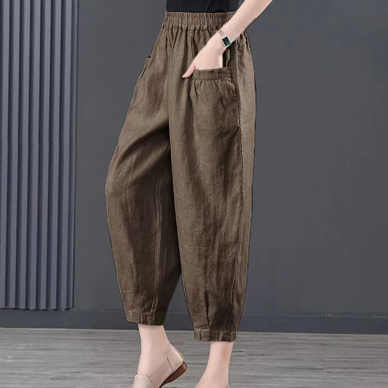 2023 Summer Artistic Large Size Cotton and Linen Hallen Pants Women's Loose Slimming Pants High Waist Ankle-length Pants