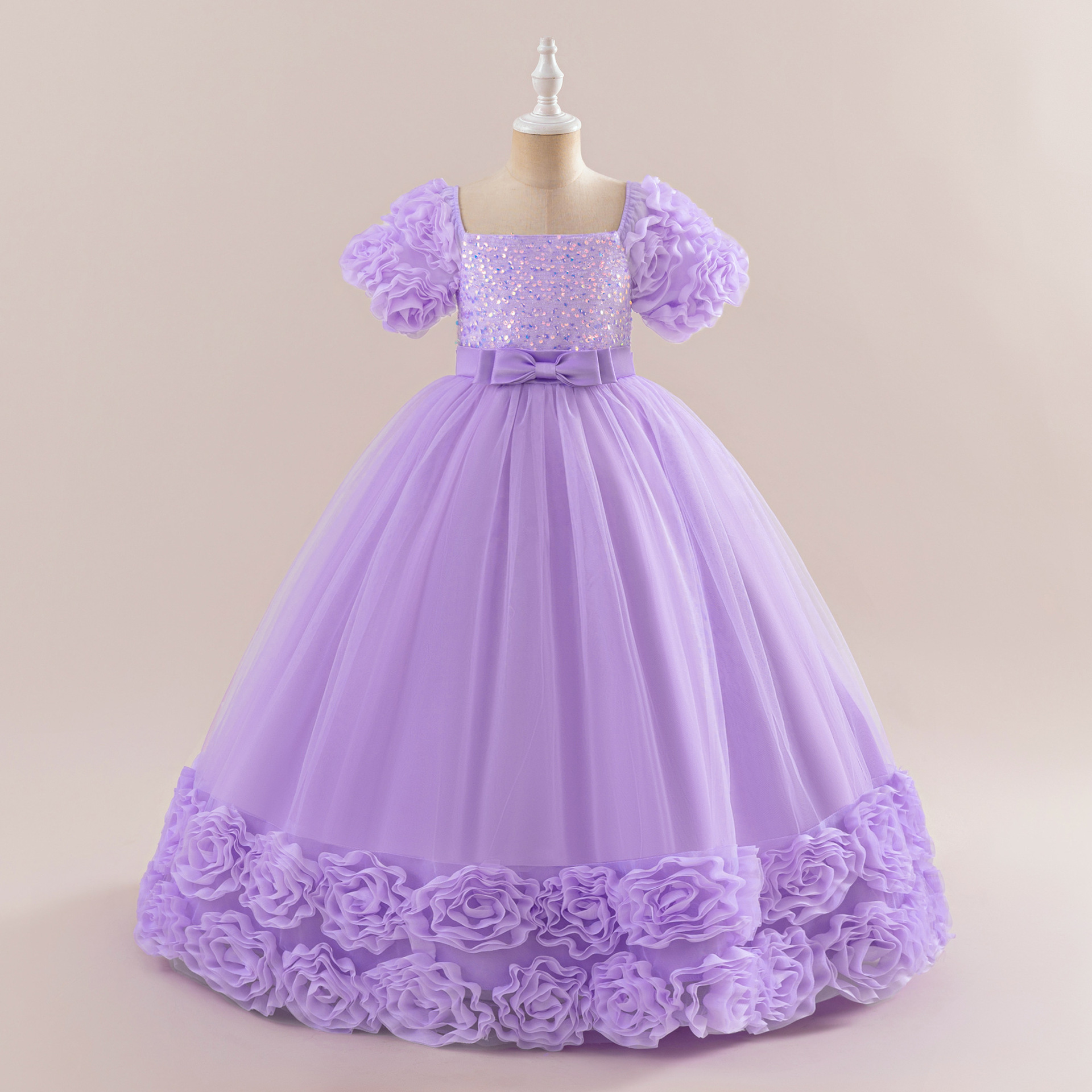 European and American Girls Evening Dress Flower Girl's Dress Short-sleeved Princess Dress Children's Wedding Dress Host Performance Dress Big Children's Long