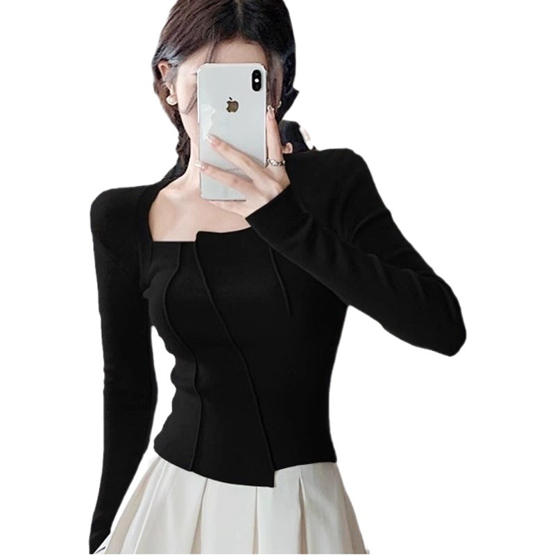 Shoulder Universal Base Shirt Women's Pure Cotton Spring and Autumn Short Niche Square Collar T-shirt American Style Vintage Fish Bone Chic Top
