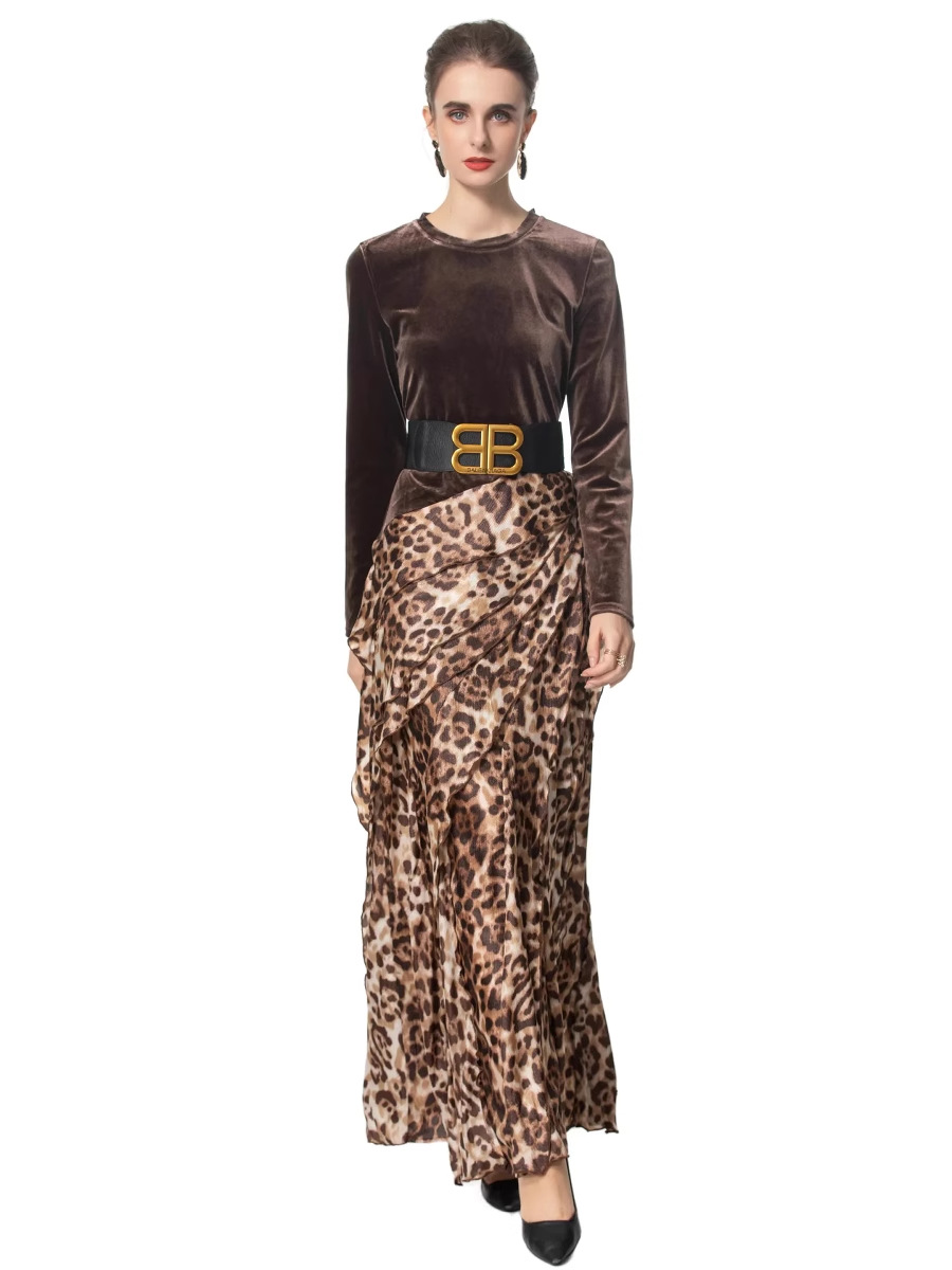 2025 spring new vintage leopard print long sleeve fashion belt with large swing round neck long sleeve dress