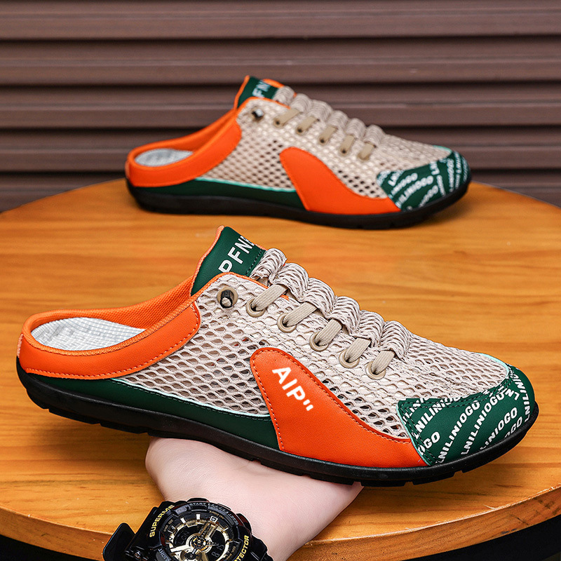 Men's Summer Breathable Mesh Half-Slippers, Slip-On Outdoor Lazy Shoes, Trendy and Versatile Soft-Soled Casual Beanie Shoes