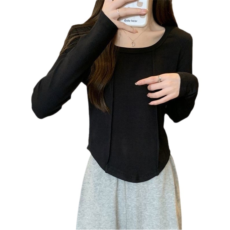Round Neck Base Shirt for Women, 2025 Spring Fashion, Trendy Inner Wear, Super Popular Short Irregular Top, Cotton 3t Shirt for Women, Long Sleeve
