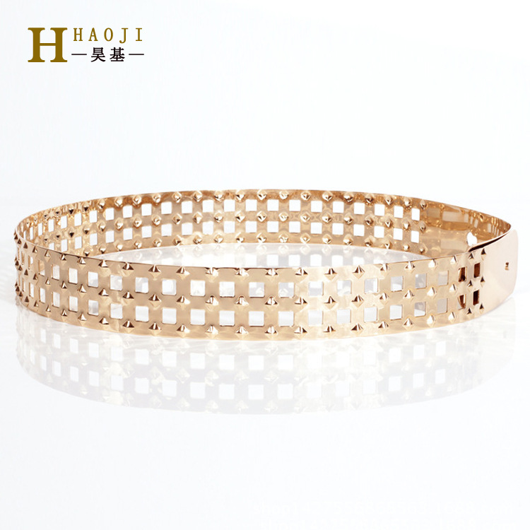 Picture of Wholesale European and American accessories punk rivet full metal cassette ladies decorative belt gold dress wide belt