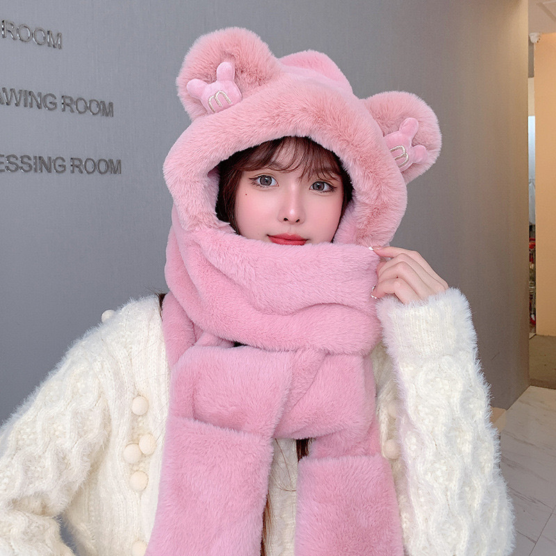Picture of Winter plush hat scarf gloves one female rabbit autumn and winter three-piece cute thick scarf warm windproof