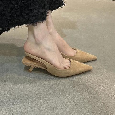 French Retro Elegant Lady Baotou Pointed Toe Sandals Women's Summer Suede Stiletto Fairy High Heels Back Empty Shoes