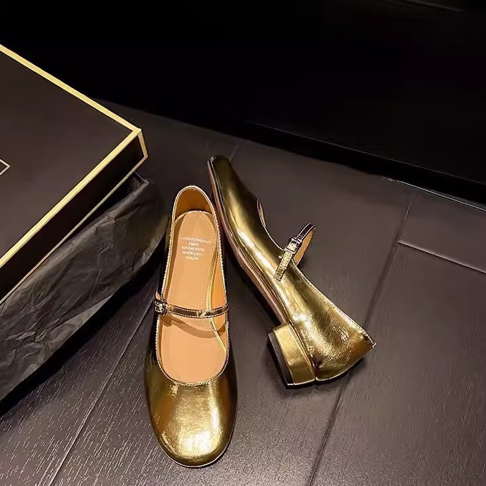 Genuine Leather Mary Jane Small Leather Shoes Beautiful One-word Buckle Belt All-match Thick Heel Single-layer Shoes Women's Summer New Round-toe Retro Shoes