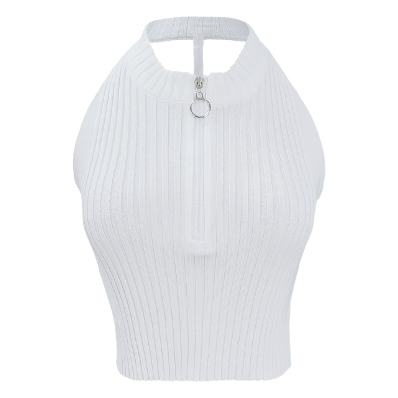 2023 Summer Female Internet Celebrity Navel-Baring Short Knitted Vest Slimming Tight Sexy Zipper Sleeveless Bottoming Top