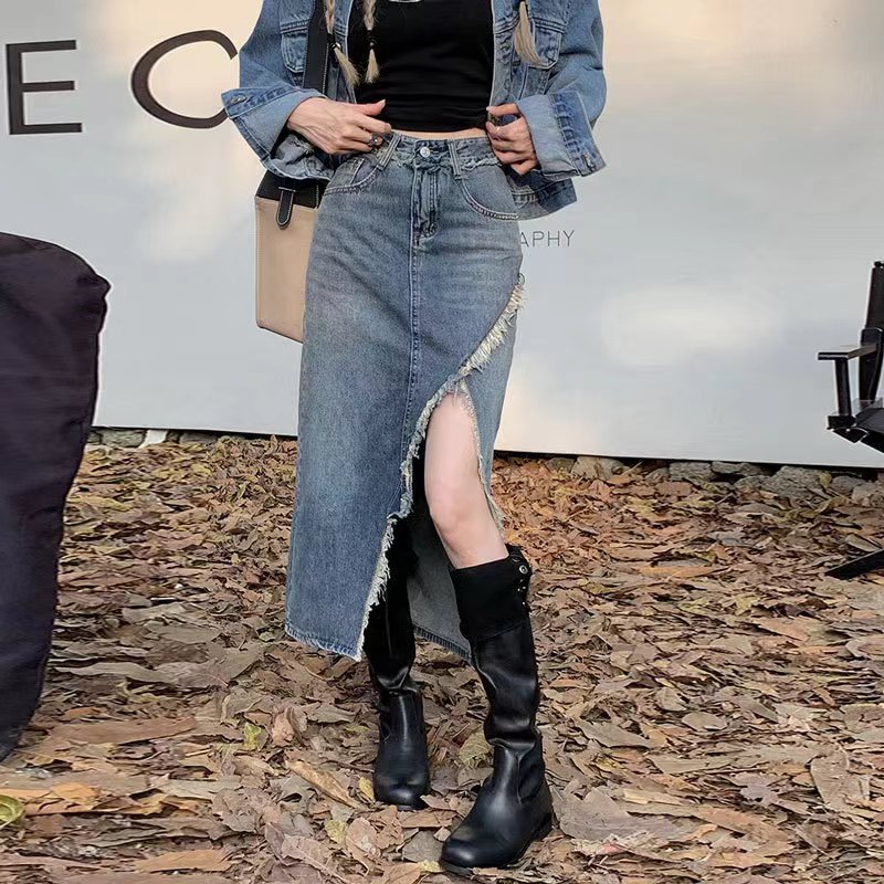 Salt High Waist Irregular Split Rust Denim Skirt Women's Autumn Tall Tassel Niche Hip Half Skirt