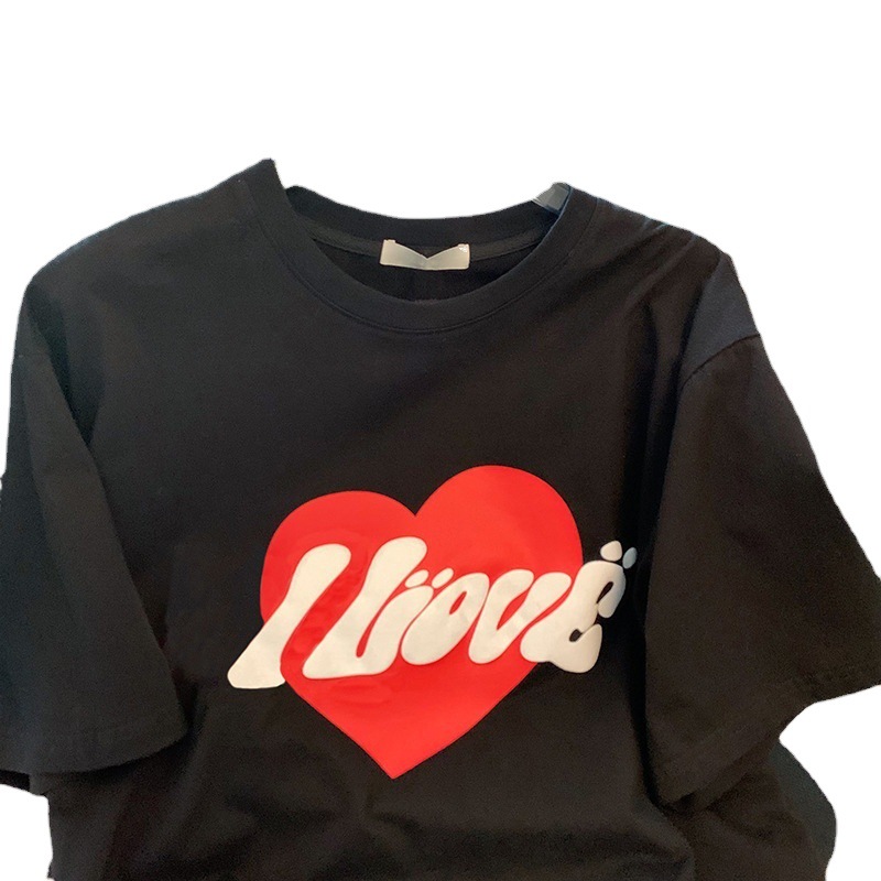 Cotton Bag Collar Black Love Printed Short-sleeved T-shirt Women's Summer Loose Slimming All-match Casual Mid-sleeved Top for Women