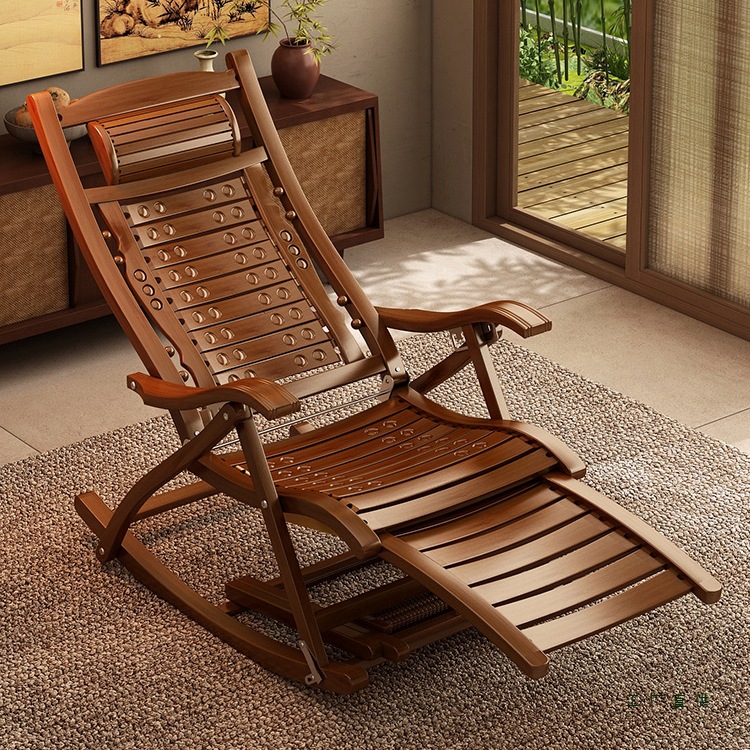 Bamboo recliner rocking chair folding chair balcony casual elderly lunch break chair comfortable sitting for a long time lazy lounge lounger