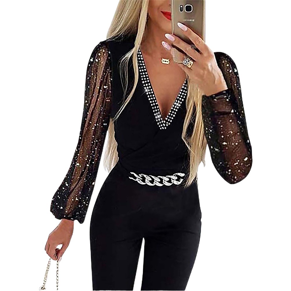 Picture of 2023 Autumn New Amazon European and American women's solid color V-neck long sleeve rhinestone high waist professional casual jumpsuit
