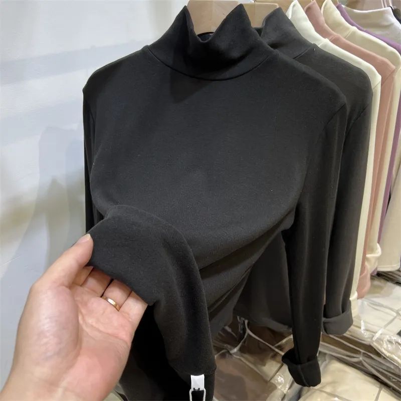 Picture of European high collar soft plus velvet long sleeve T-shirt women's 2024 autumn and winter new solid color inner base shirt top