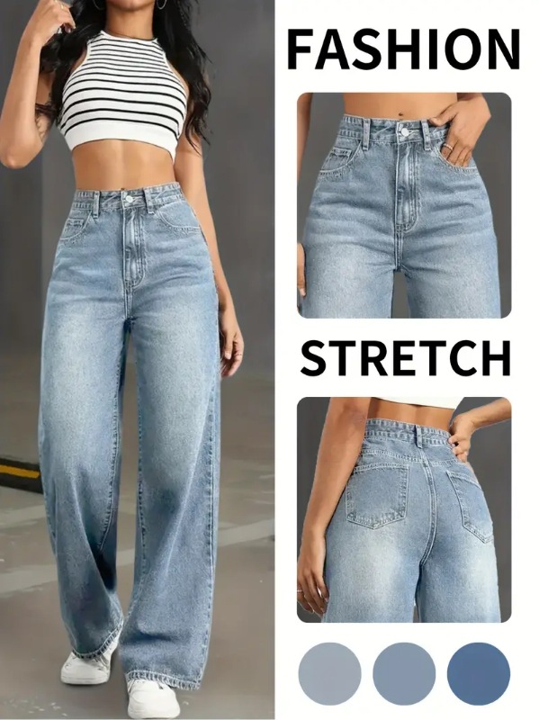 Cross-border, high-waisted straight-leg jeans, light-colored wash, all-season casual streetwear, suitable for all seasons