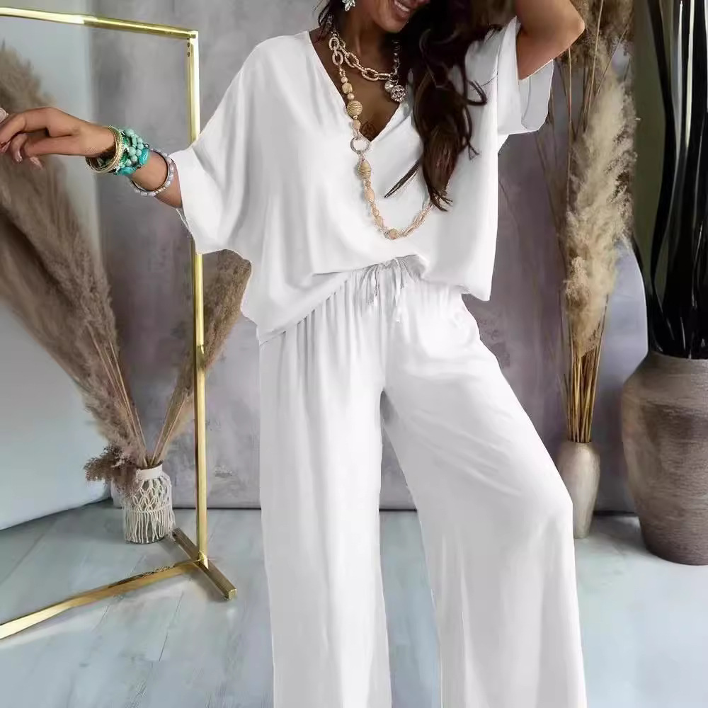 in stock Cross-border AliExpress AliExpress Independent Station 2023V Collar Bat Sleeve Casual Loose Wide Leg Pants suit Women