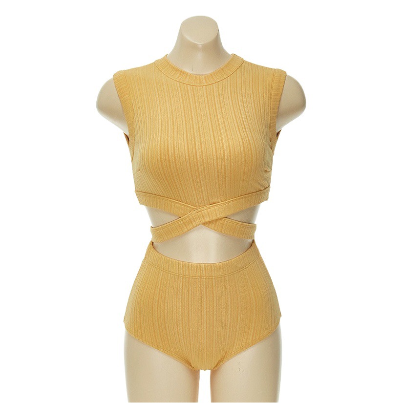 Swimsuit women's new Korean sexy slim cross strap high waist belly yellow split bikini cross-border wholesale