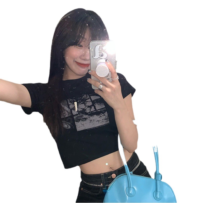Short Navel Tight Short-sleeved T-shirt Women's ins Korean Women's Casual Base Shirt Top Clothes Women's Wholesale Supply