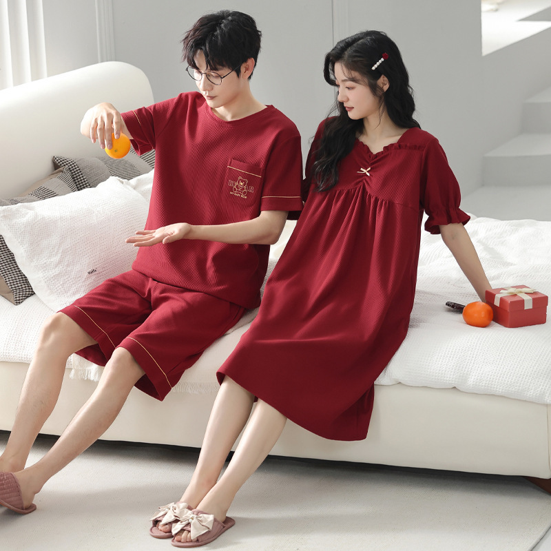 Couple pajamas summer waffle cotton short sleeve red men and women's birth year nightdress home wear wedding suit