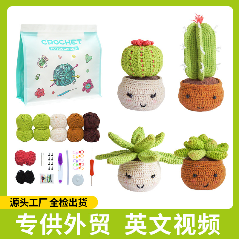 Amazon Best Selling DIY Crochet Material Package Cactus Potted Ornaments Handmade Crocheted Green Plants English Teaching Video