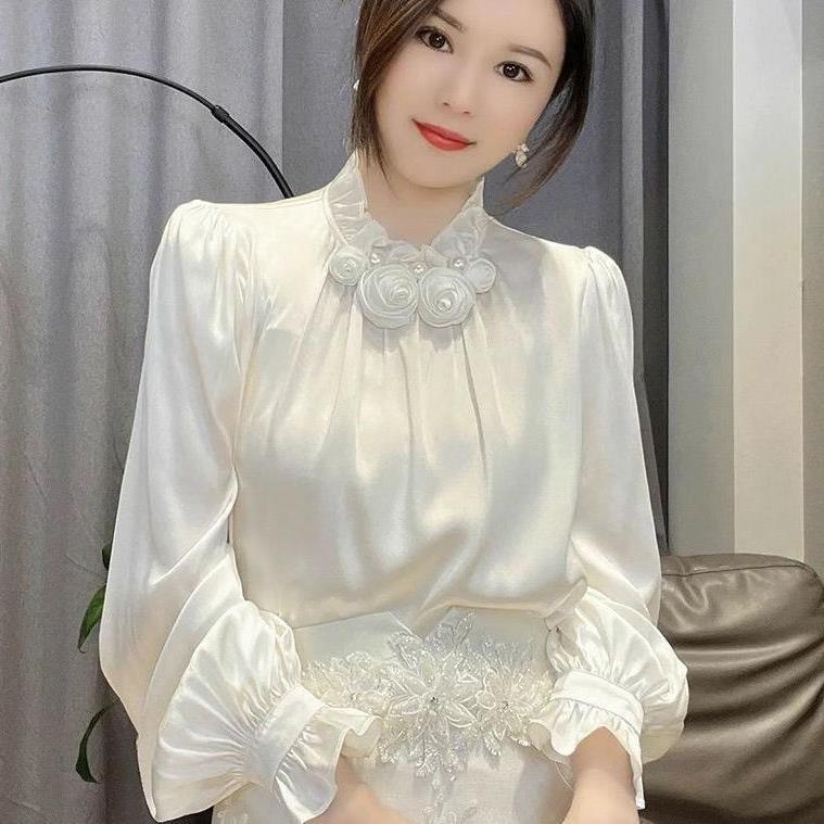 French style three-dimensional rose solid color shirt for women 2023 Spring and Autumn new fashion belly covering all-matching shirt for women