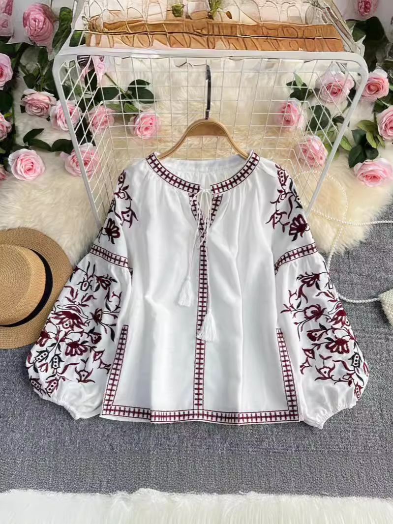 Vintage Lantern Long Sleeve Round Neck Embroidered Shirt Ethnic Style Embroidered Tassel Loose Lace-Up Cotton Linen Doll Shirt Top