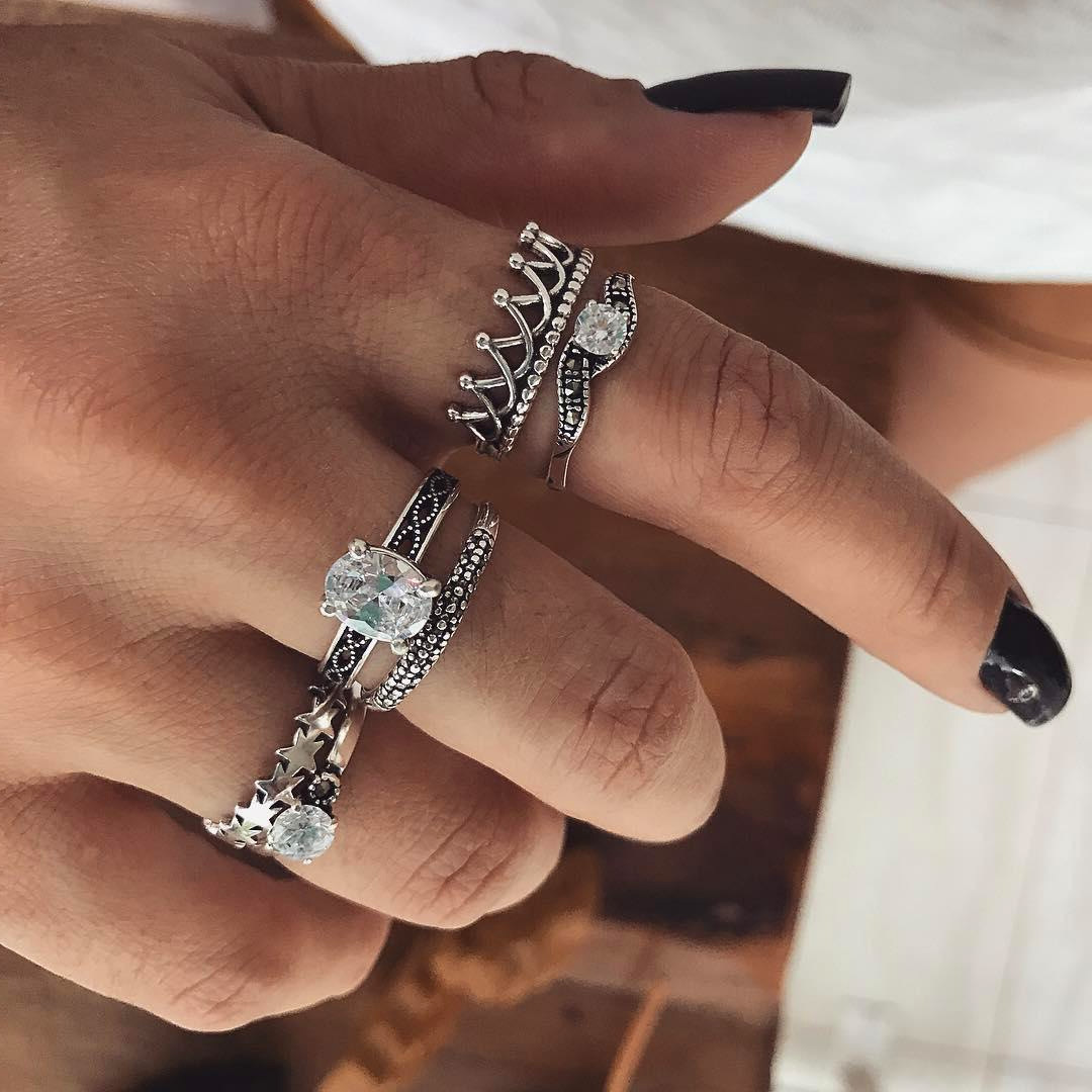 Europe and the United States cross-border new alloy ancient silver clip zircon Crown joint Ring Combination six-piece ring