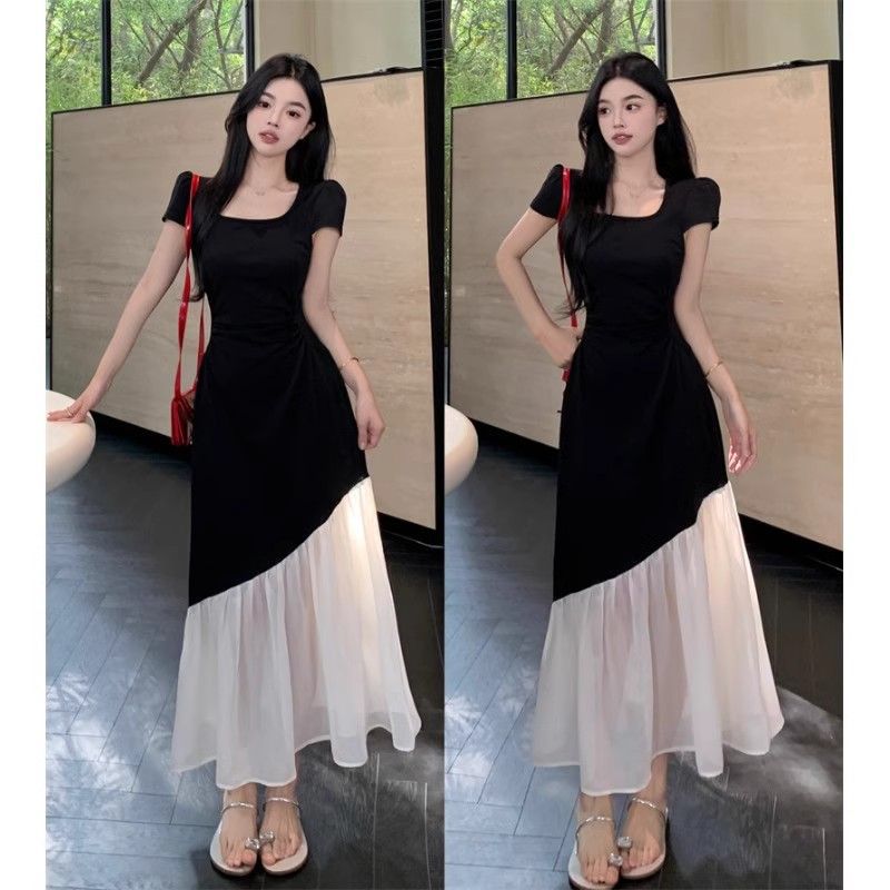 Large size French short-sleeved dress women's summer waist slimming splicing long skirt slightly chubby MM Hepburn style contrast skirt