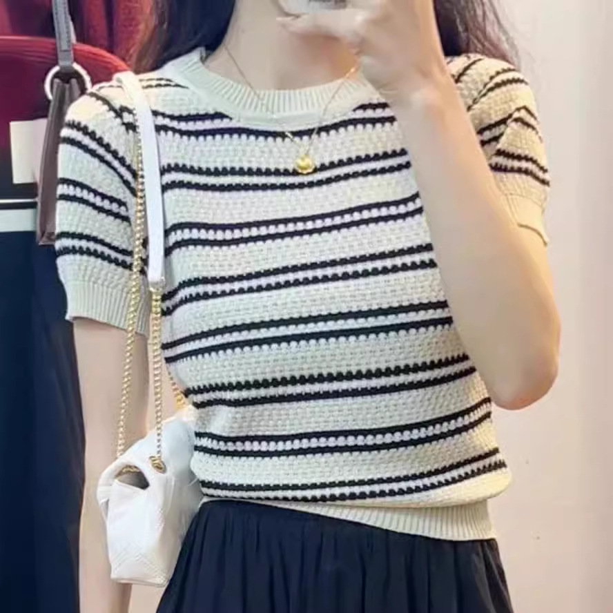 Short-sleeved Chanel-style Striped Sweater Women's 2024 Summer New Design Sense Slim-fit French Style Ice-cool Silk Top for Women