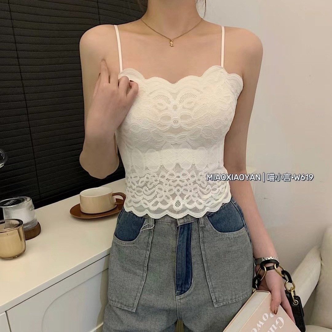 Picture of Spring and Summer New Sexy Lace Thin Shoulder Strap Camisole Women's Fixed Cup Wave Edge Slimming All-match Base Vest