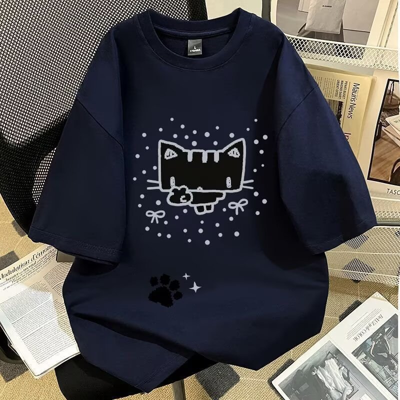 2025 summer new casual loose top, cute kitten with short-sleeved T-shirt underneath
