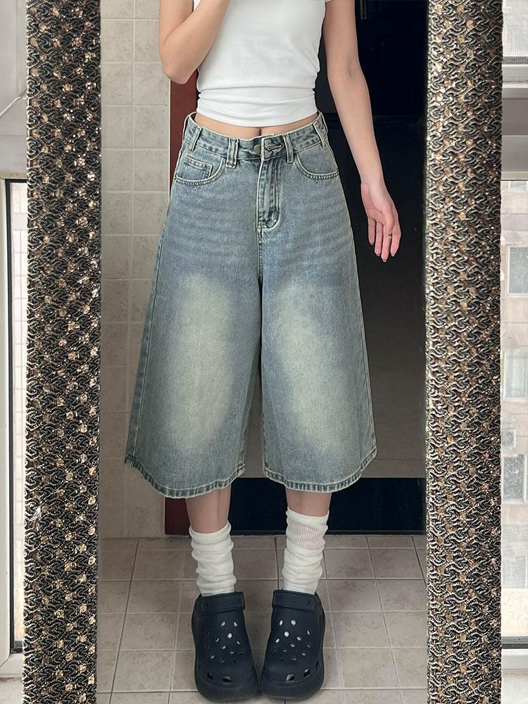 American light blue washed loose straight cropped jeans women's summer new retro over the knee thin wide-leg shorts
