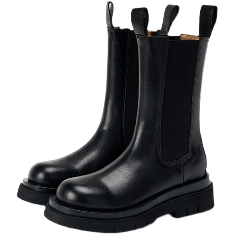 Full cowhide ~ leather hidden height Martin boots Women's British style mid-calf thick bottom women's boots cigarette holder Chelsea short boots